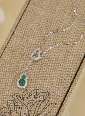 s925纯银首饰天然绿玉髓福禄葫芦项链翡翠绿色高冰种玛瑙女锁骨链