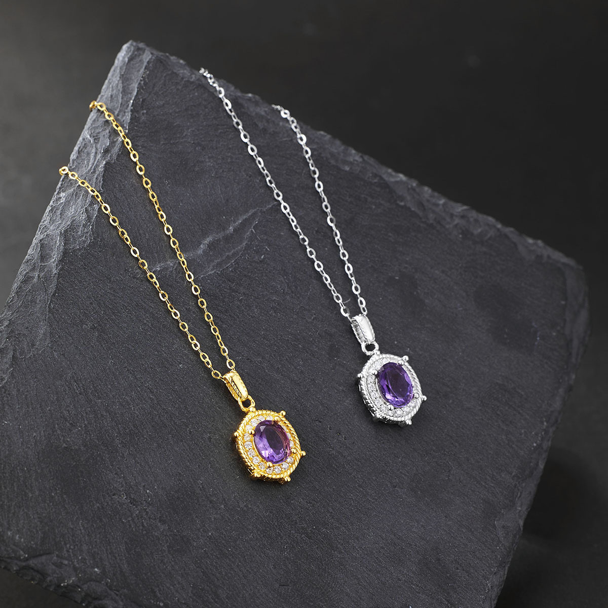 紫水晶法式项链女s925纯银镀黄金色首饰透明闪新款设计气质锁骨链
