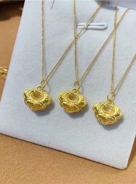 黄金包银项链女黄金色如意福锁包吊坠长命锁头福运满满送女友礼物