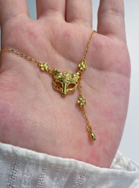 s925纯银镀黄金色假面具狐狸项链女小红书爆款古法鎏金錾刻锁骨链