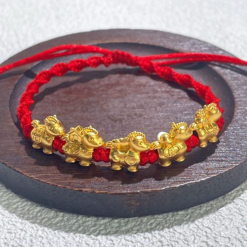 S925纯银镀黄金色新款五福马手串编织绳本命年生肖小马手链红手绳