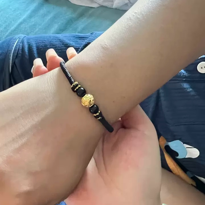 黄金包银手绳小金珠金色黑曜石铜钱转运珠手链金钱珠子男女情侣款