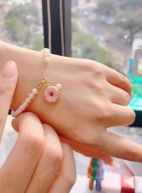 黄金包银黄金色珐琅桃心甜甜圈平安扣吊坠白色淡水珍珠手链手串潮