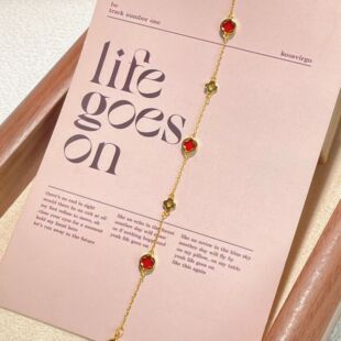 s925纯银镀黄金色幸运四叶草红玛瑙手链时尚百搭欧美风精致女手饰