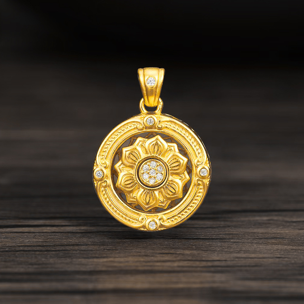 S925纯银镀黄金色八宝罗盘莲花吊坠古法镂空3D工艺项链国风锁骨链