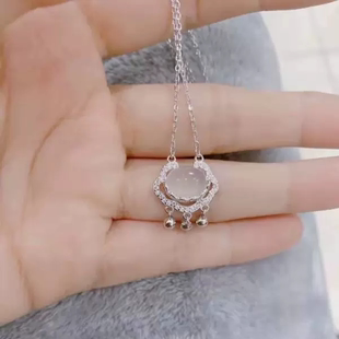 S925纯银镀黄金色祥云平安如意锁项链链条白玉髓吊坠古典毛衣链女