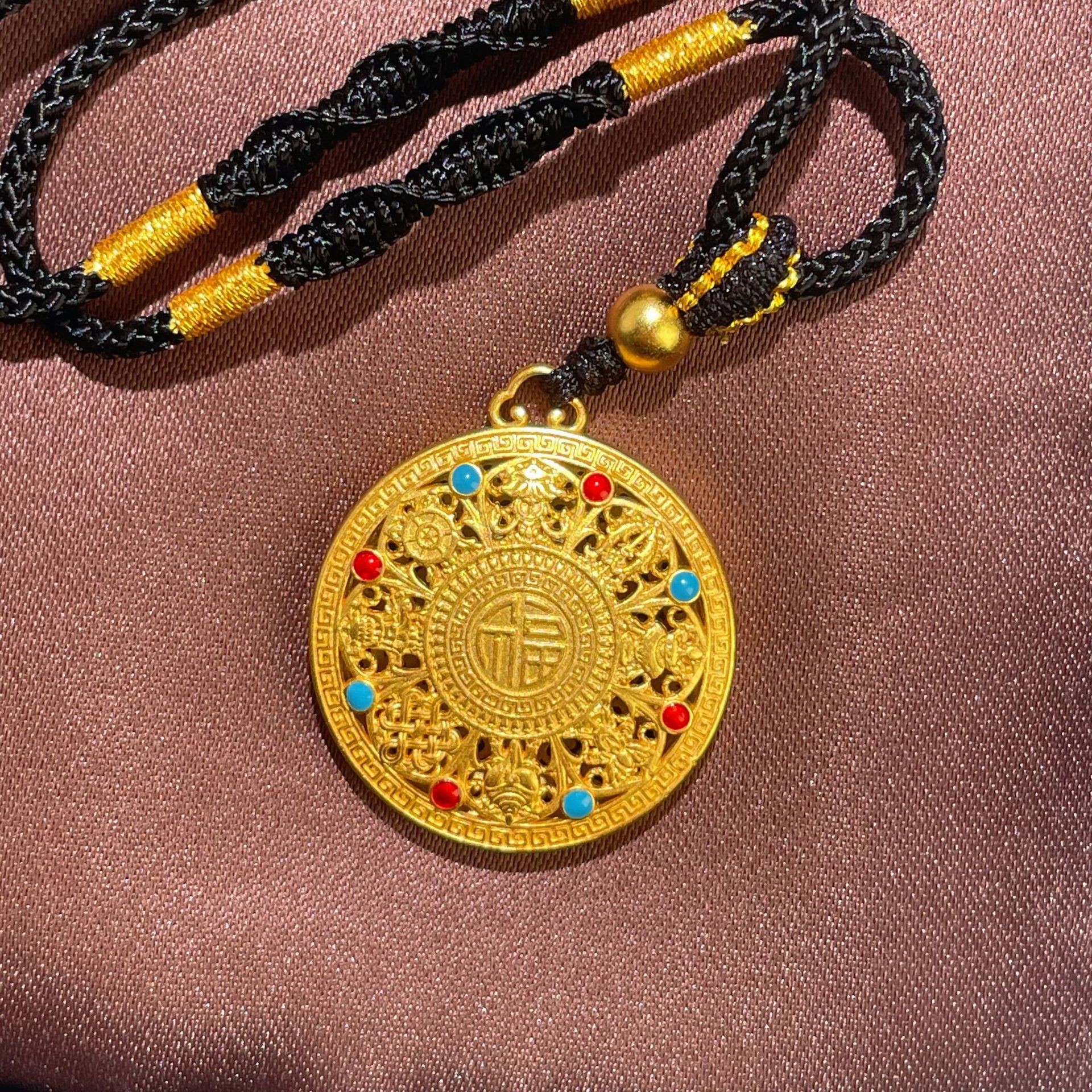 s925纯银镀黄金色首饰福字八宝罗盘吊坠编织绳毛衣链新中式女挂坠