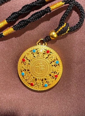 s925纯银镀黄金色首饰福字八宝罗盘吊坠编织绳毛衣链新中式女挂坠