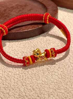 S925纯银镀黄金色马上有钱红手绳手链国潮小马生肖马招财编绳手饰