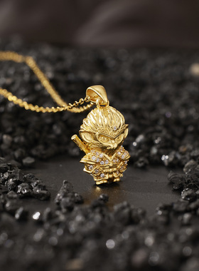 s925纯银镀黄金色黑神话3D立体孙悟空吊坠成魔猴哥串斗战胜佛项链