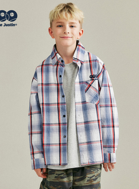 JUSTIN童装中大童格子学院风翻领衬衫男孩春秋简约宽松长袖格纹