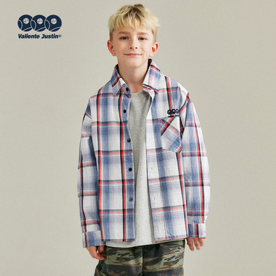 JUSTIN中大童撞色格子宽松衬衫