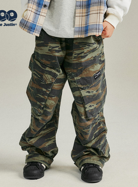 JUSTIN童装中大童大男孩宽松帅气迷彩少年感工装休闲春秋直筒长裤