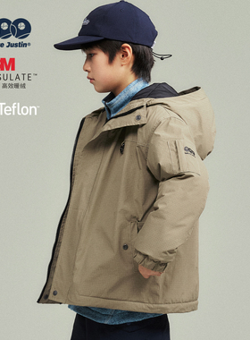 JUSTIN童装25冬季儿童特氟龙三防防风保暖新雪丽夹棉连帽棉衣外套