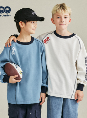 JUSTIN童装中大童少年感运动华夫格吸湿速干圆领套头打底衫卫衣