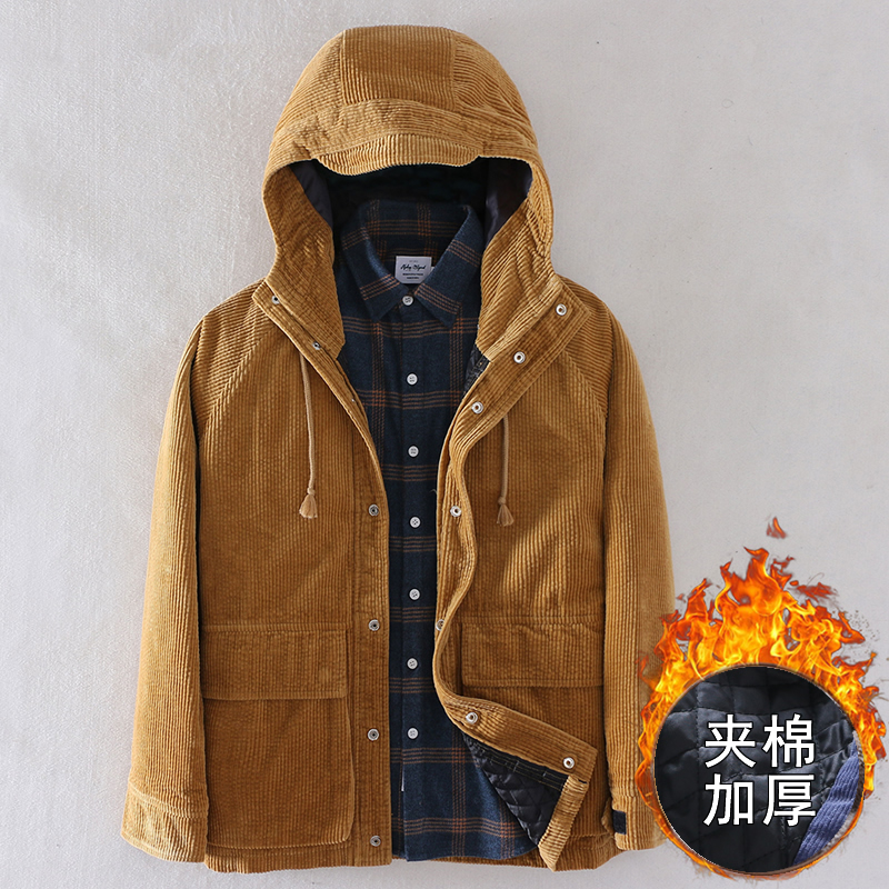 莎芭绮男纯棉灯芯绒连帽棉服棉厚