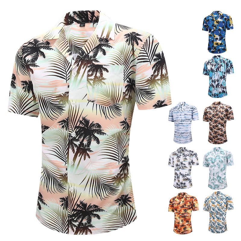 欧美男士夏威夷碎花休闲衬衫男式高级感简约宽松大码短袖花衬衣男