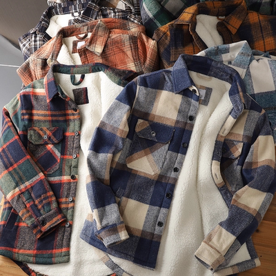 翻领长袖加绒加厚羊羔绒保暖衬衫