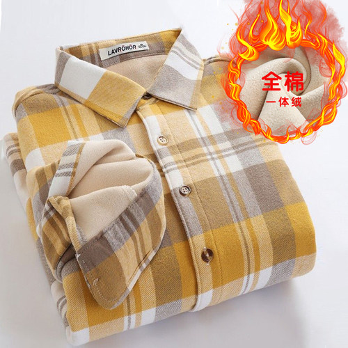 加绒加厚纯棉保暖打底格子衬衫