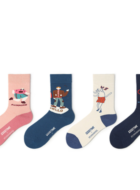 primeet原创卡通中筒袜女潮ins街头百搭个性滑板袜黄色熊猫长袜男