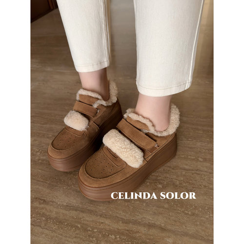 娇阳 冬季保暖时髦刚需！柔软好走 增高6.5cm魔术扣羊羔绒休闲鞋