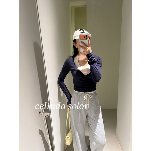 娇阳 时髦炸街！设计感  撞色假两件套挂脖春夏长袖T恤