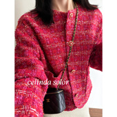 显白 美炸 玫红色粗花呢宽松俏皮羊毛短外套 新年就穿它 娇阳