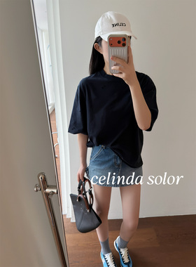 娇阳 自留两件！潮爆！帅气 年轻girl 藏蓝色破洞做旧宽松短袖T恤