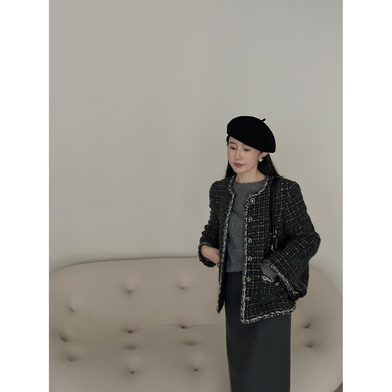 娇阳自制 香风面料天花板！羊驼毛+羊毛灰色编织粗花呢外套厚保暖