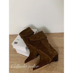 娇阳 品质强大!两穿!爆舒服 小牛绒+水染牛皮跟4cm中筒靴长靴