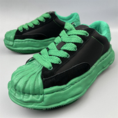 贝壳头厚底板鞋 潮流真皮运动 捡漏黑绿撞色系带休闲鞋 断码 撤柜女鞋