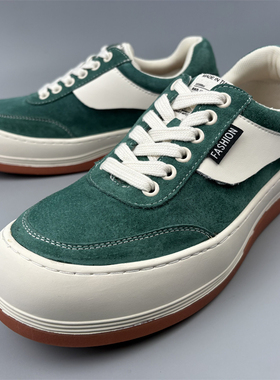 绿色翻毛皮板鞋丑萌日系男鞋厚底休闲鞋大头鞋商场捡漏真皮断码鞋
