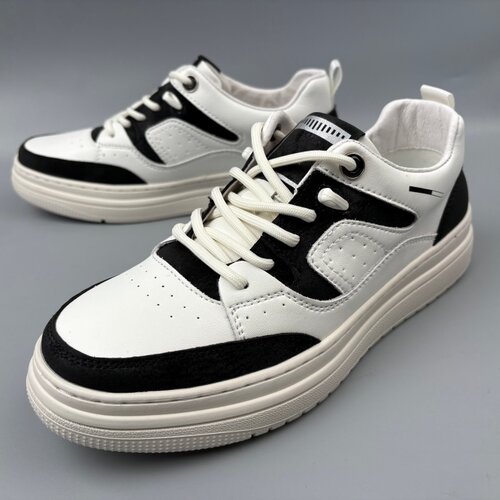 黑白拼色真牛皮透气男士板鞋