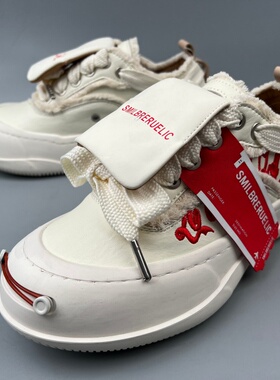 翻盖开口笑板鞋男女厚底增高休闲鞋白色系带丑萌大头鞋真皮撤柜鞋