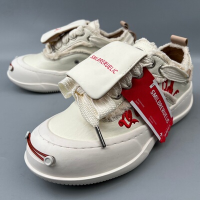 白色真皮厚底开口笑板鞋情侣款