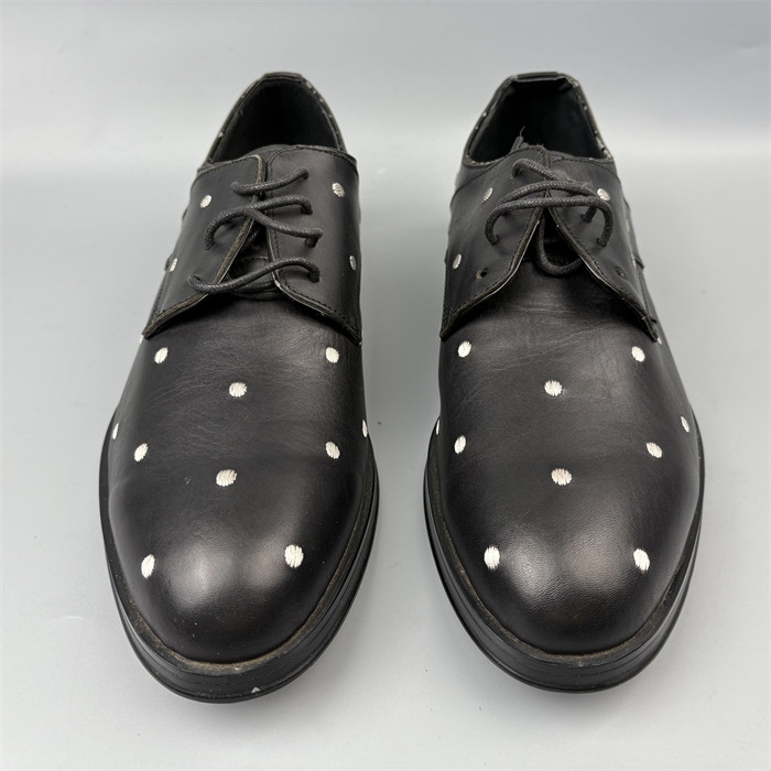 头层牛皮休闲皮鞋系带波点低跟