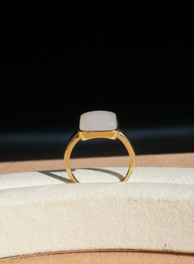 新疆和田玉18k金镶嵌戒指方糖款冰底老料羊脂白玉节日礼物礼品