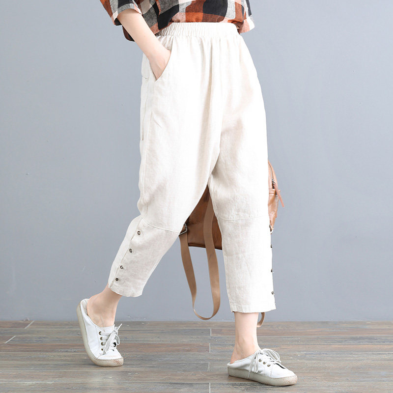 孔雀飞飞2025夏装新款韩版纯色棉麻直筒复古七分裤女 宽松直 休闲,女装/女士精品,休闲裤,淘宝优惠券,粉丝福利购,淘宝优惠卷