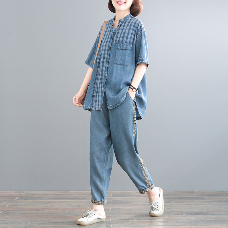 孔雀飞飞新款韩版宽松大码显瘦洋气格子拼接牛仔套装夏季薄款女