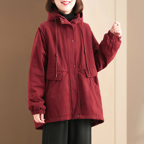 孔雀飞飞2024新款韩版宽松大码遮肉复古加绒保暖连帽冬季加厚棉衣