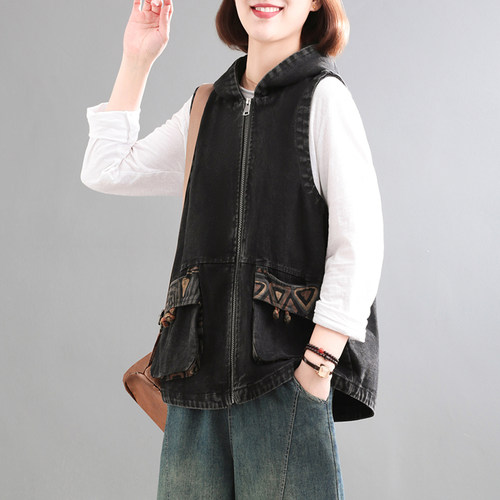 春秋韩版大码复古连帽牛仔马甲女