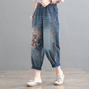 寬松顯瘦卡通刺繡九分大碼 孔雀飛飛夏裝 韓版 牛仔哈倫褲 新款 女胖mm