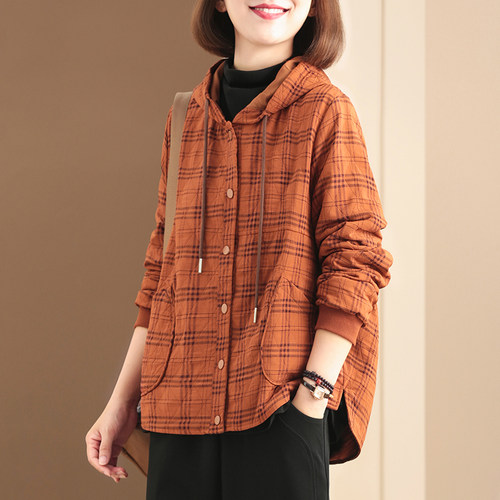 孔雀飞飞 原创设计 韩版宽松显瘦复古洋气加厚连帽格子外套女秋冬