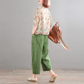 新款 韩版 大码 孔雀飞飞夏装 遮肉复古印花两件套棉麻亚麻女高端套装