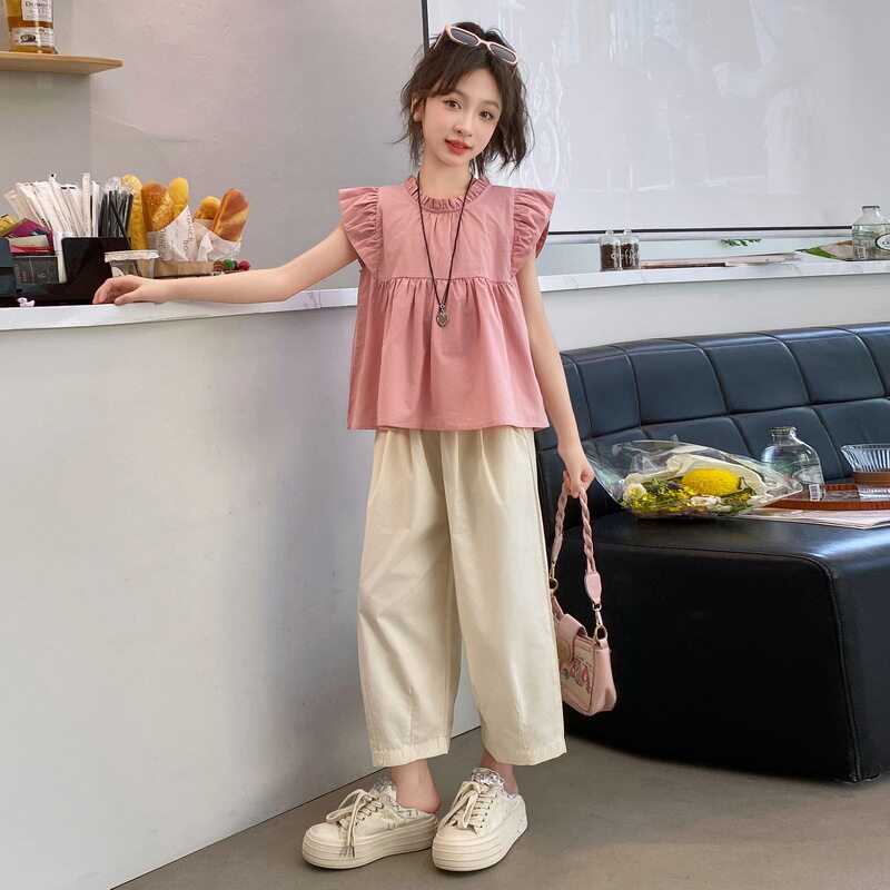 女童夏季飞袖韩版休闲套装中大童儿童运动套装