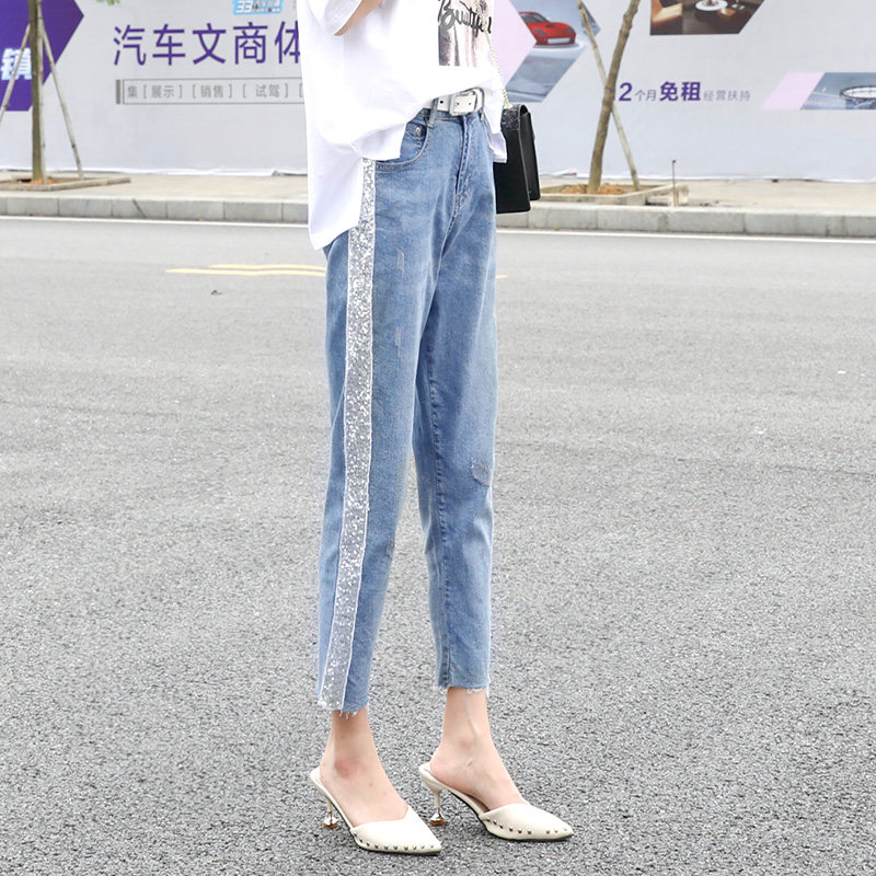 欧洲站牛仔裤女夏薄款2024新款欧货高腰重工亮片小个子休闲七分裤