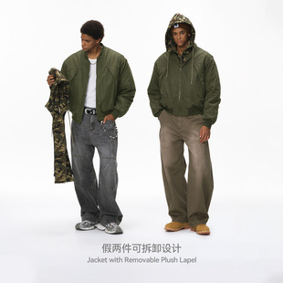 NOMORE男装 宽松廓形连帽夹克外套男 可拆卸假两件夹棉棒球服25新品