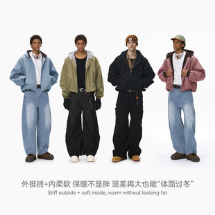 NOMORE男装 宽松加绒复古厚实工装 外套25新品 潮牌撞色连帽卫衣 短款