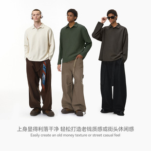 T恤26新品 潮牌休闲纯色翻领上衣 老钱度假风华夫格长袖 NOMORE男装