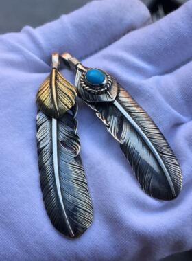 手工高桥吾朗925银吊坠羽毛项链男女高桥精工套装摇滚配饰项链潮